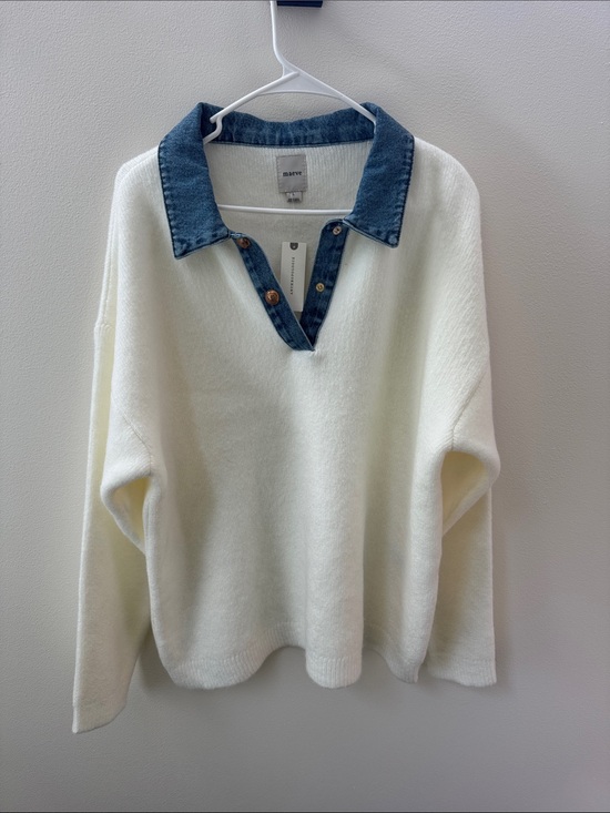 Maeve Sweaters - Maeve White Knit Sweater with Denim Collar